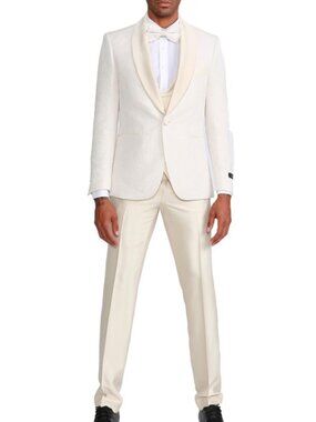 Ivory Paisley Satin Shawl Lapel 3 Piece Fashion Men's Suit W/ Bowtie
